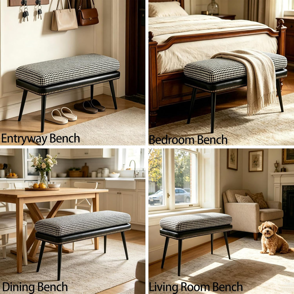 Forteek 32" Retro Upholstered Entryway Bench, Leather & Fabric Shoe Bench with Removable Cushion, End of Bed Bench for Bedroom, Small Dining Bench for Living Room, Storage Bench for Hallway & Foyer
