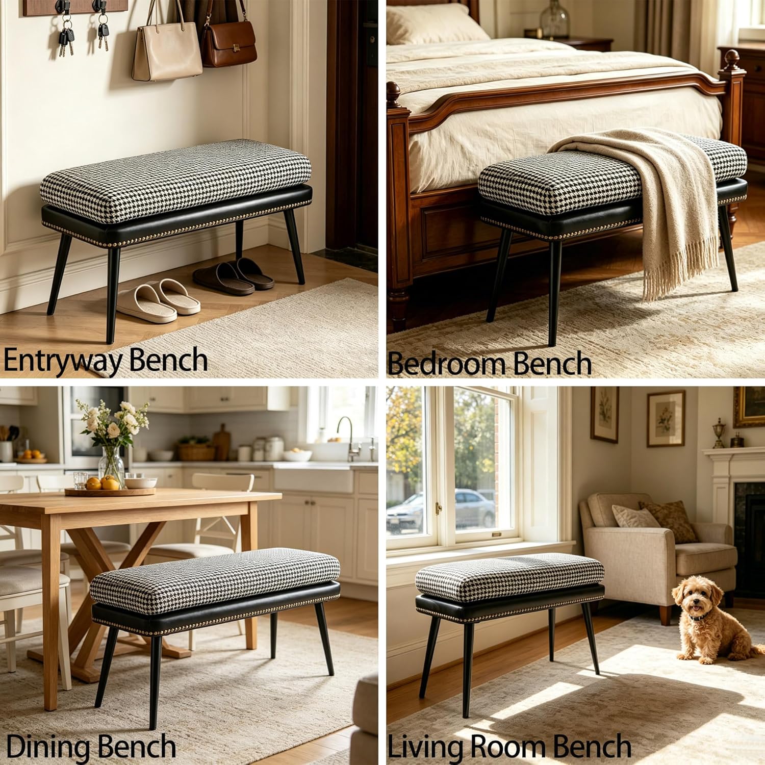 Forteek 32" Retro Upholstered Entryway Bench, Leather & Fabric Shoe Bench with Removable Cushion, End of Bed Bench for Bedroom, Small Dining Bench for Living Room, Storage Bench for Hallway & Foyer