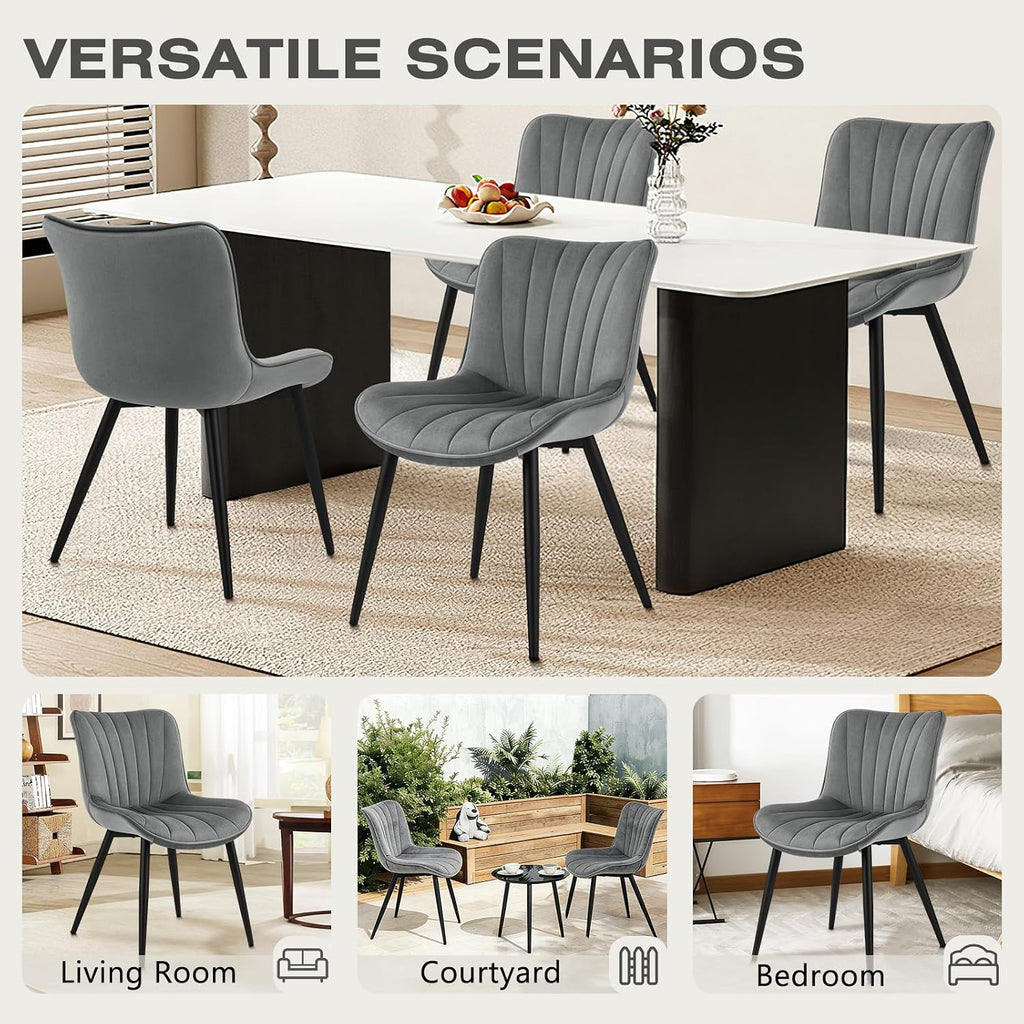 Velvet Dining Chairs Set of 2, Modern Upholstered Kitchen and Dining Room Chair with Ergonomic Back, Mid Century Armless Accent Side Chair with Metal Legs for Vanity Living Room Reception, Grey