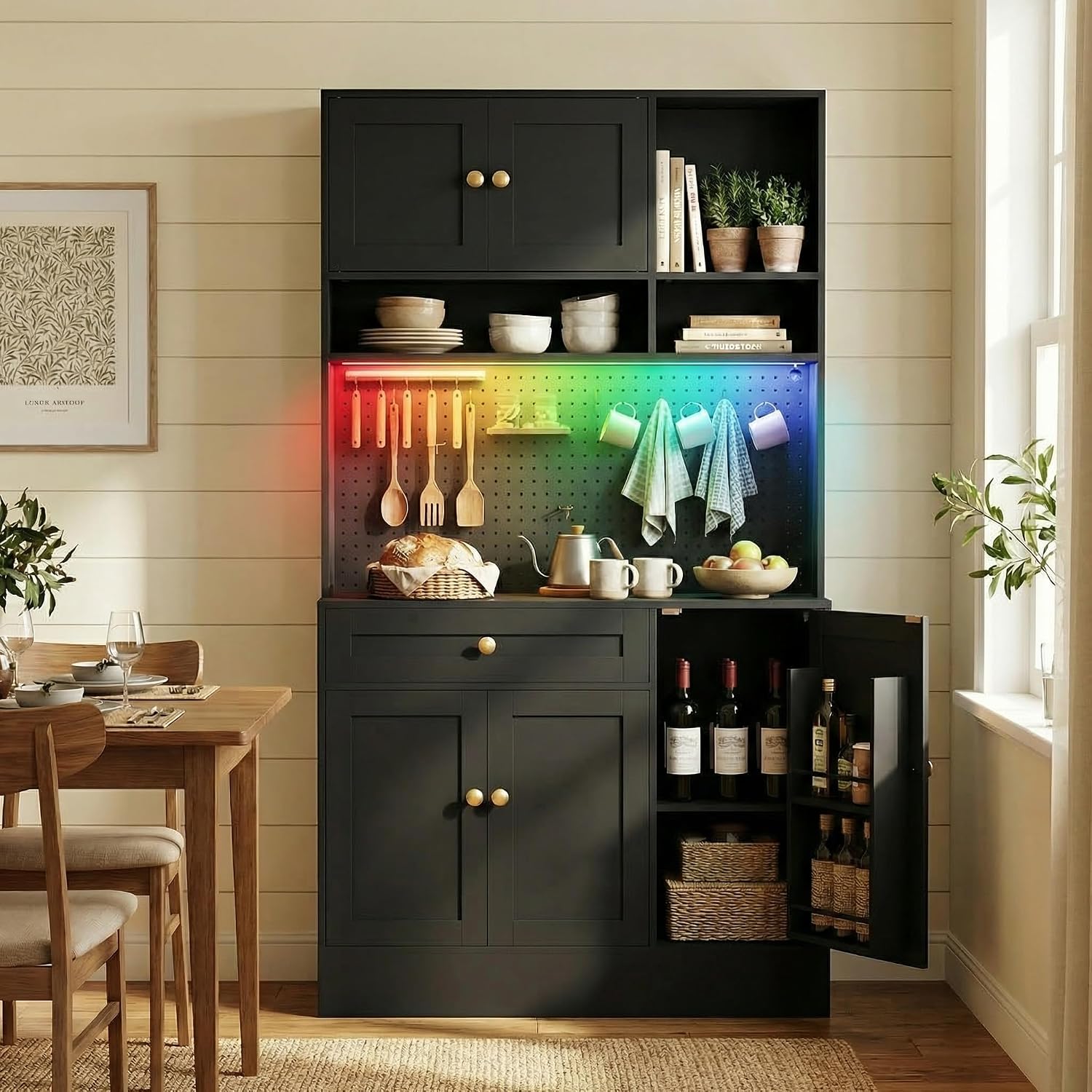 YOURLITE LED Pantry Cabinets with Pegboard, Kitchen Pantry Storage Cabinet with Outlet & Microwave Stand, Kitchen Hutch Coffee Bar with 5 Hooks and Adjustable Shelf, Black