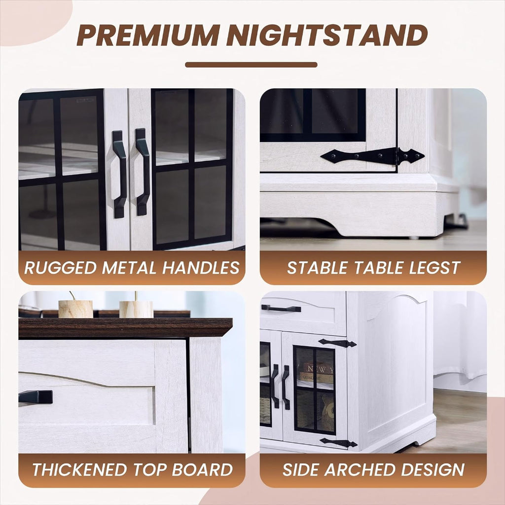 23.6" W Farmhouse End Table with Hidden Charging Station,Farmhouse Side Table with Drawer for Sofa Couch or Bedside, Rustic Nightstand with Storage for Living Room, Bedroom (Off White)