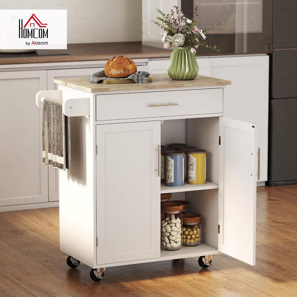 HOMCOM Kitchen Island Cart, Rolling Island Table with Solid Wood Top, Trolley Cart with Drawer, Storage Cabinet & Towel Rack, White