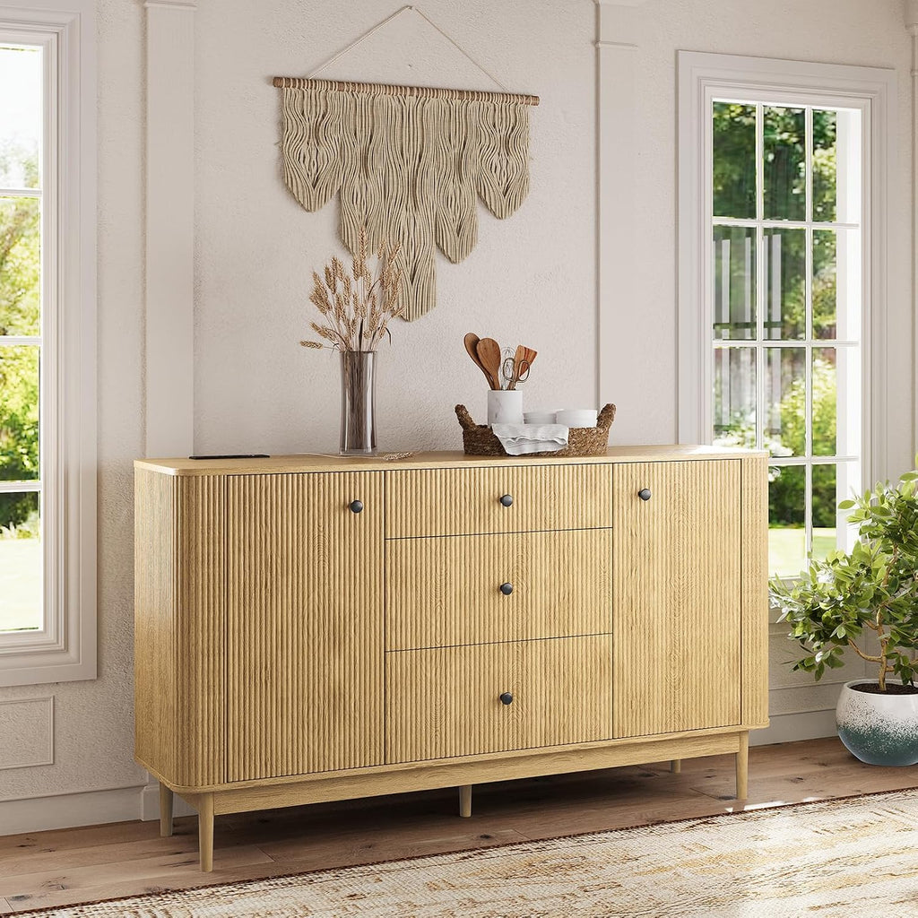 59" Buffet Cabinet with Drawers, Large Fluted Sideboard Buffet Storage Cabinet with Charging Station, Shelves and Doors, Modern Accent Coffee Bar Console Table for Kitchen, Entryway and Living Room