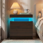 i-aplus Brown Modern LED Nightstand Set of 2 with 2 Wood Drawer for Bedroom | Nightstands with App-Controlled RGB LED Lights, Night Stand with Storgae Drawer, Modern Bedside Table for Bedroom