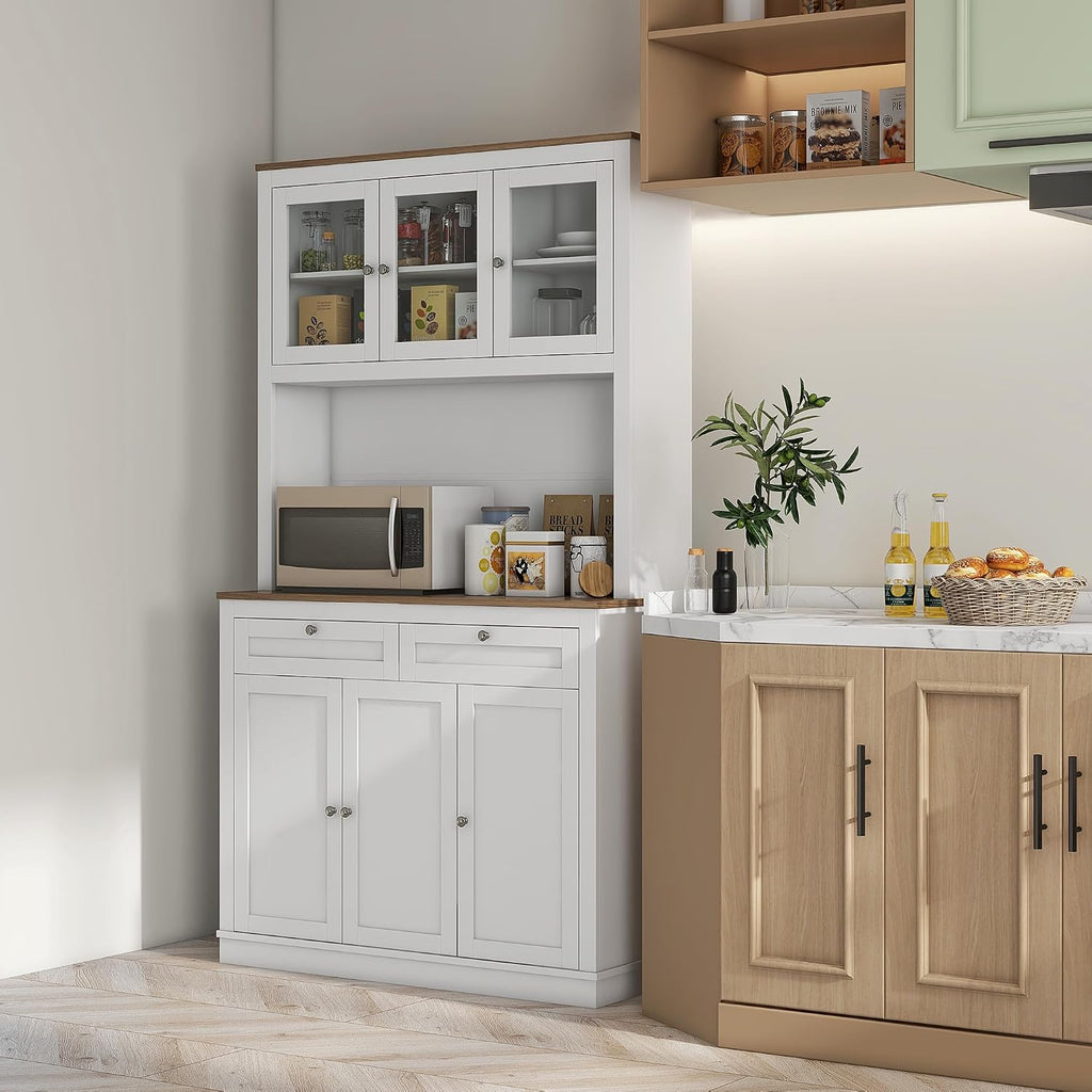 71" Tall Kitchen Pantry Storage Cabinet with Microwave Stand, Freestanding Buffet with Hutch, 2 Drawers, 5 Doors, Adjustable Shelves and Glass Doors for Kitchen, Dining Room, White,15.8 * 39.3 * 70.8