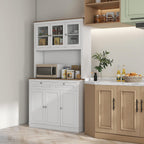 71" Tall Kitchen Pantry Storage Cabinet with Microwave Stand, Freestanding Buffet with Hutch, 2 Drawers, 5 Doors, Adjustable Shelves and Glass Doors for Kitchen, Dining Room, White,15.8 * 39.3 * 70.8