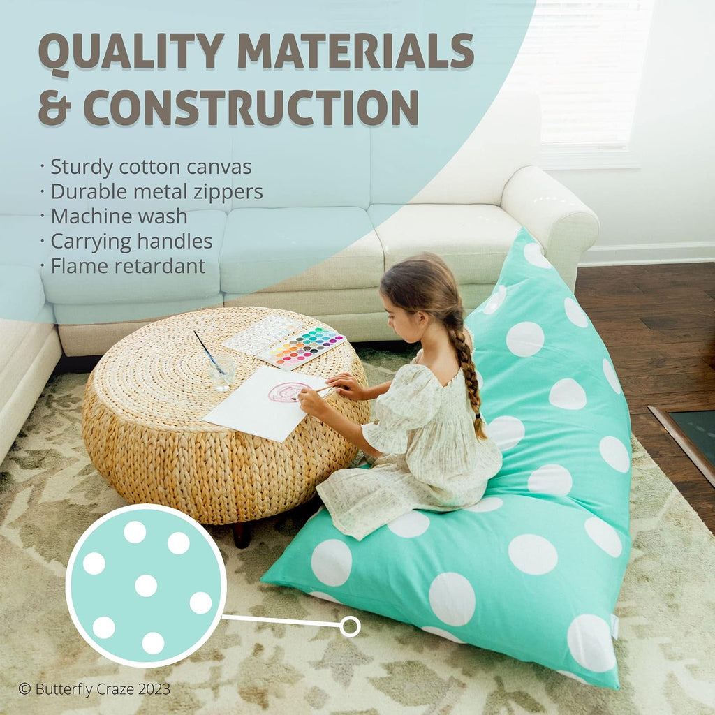 Butterfly Craze Kids Bean Bag Chair Cover - Zippered Plush Toy Organizer & Stuffed Animal Storage - Cozy Floor Lounger & Bean Bag Chairs for Kids - Aqua Polka Dots, 50 x 30 x 35 in