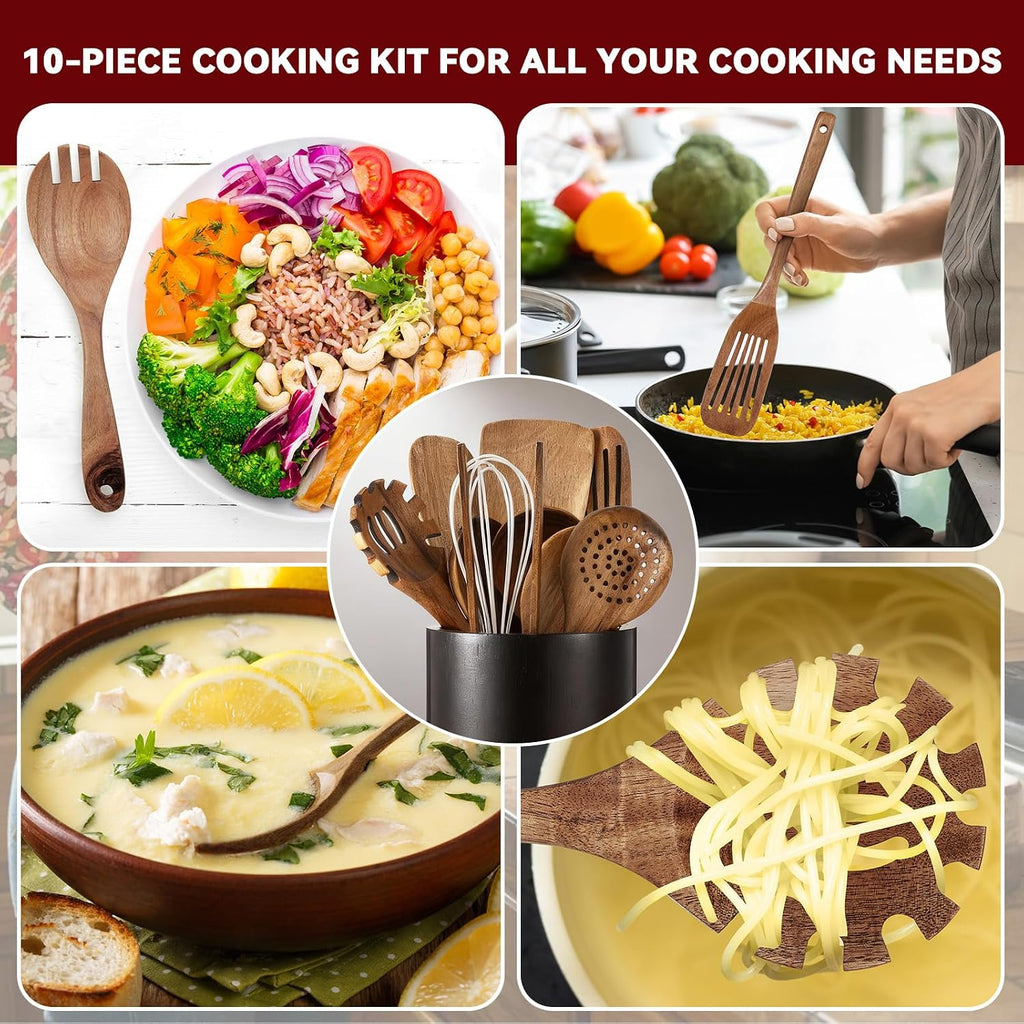 SiliFine 11 Pcs Wooden Kitchen Utensils Set with 360° Rotating Holder Acacia Wood Cooking Utensils with Cooking Spoons Spatulas for Nonstick Cookware Countertop(Straight Wood Holder,Black)