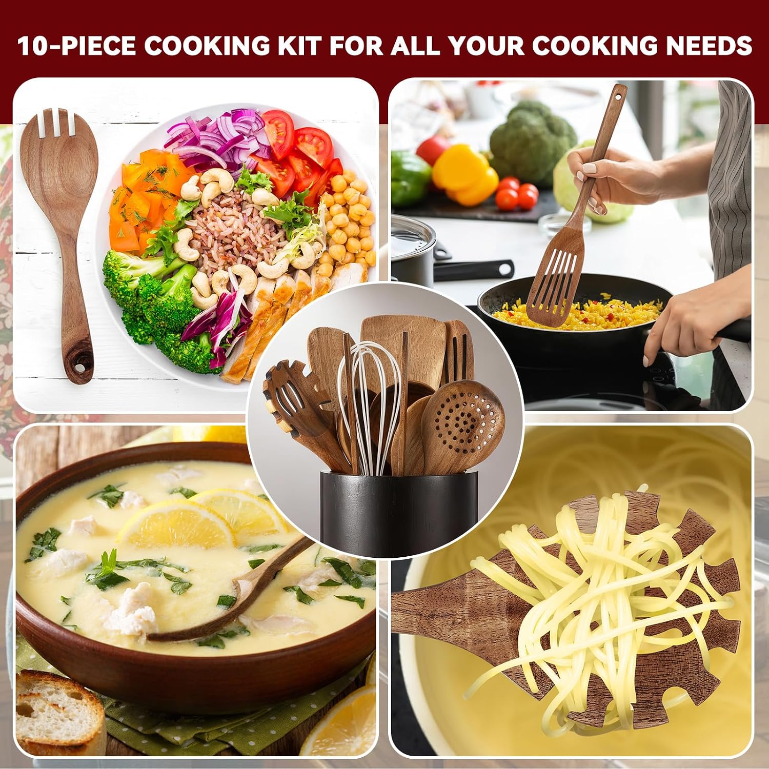 SiliFine 11 Pcs Wooden Kitchen Utensils Set with 360° Rotating Holder Acacia Wood Cooking Utensils with Cooking Spoons Spatulas for Nonstick Cookware Countertop(Straight Wood Holder,Black)