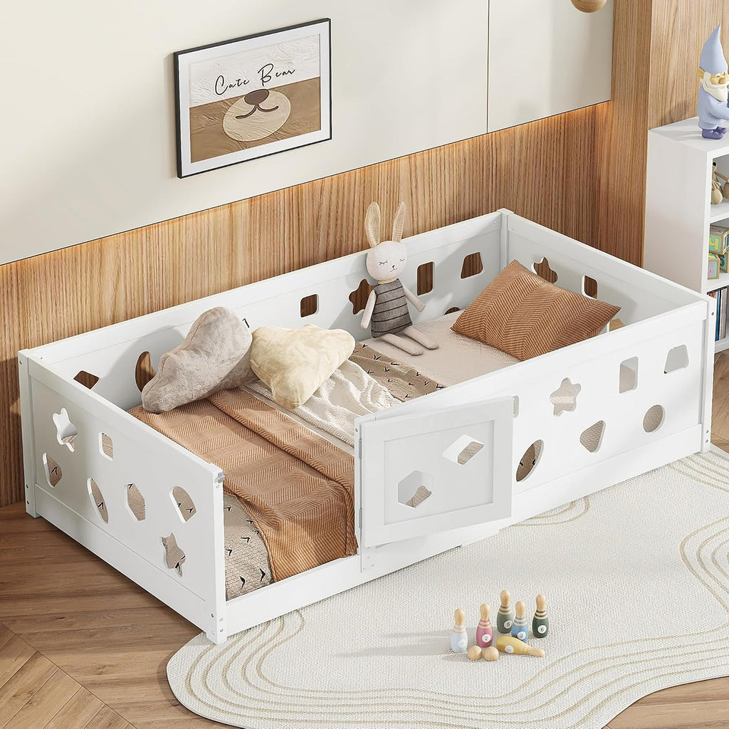 Twin Size Floor Bed with Heightened Safety Guardrails and Door, Solid Wood Bede with Rails for Girls, Boys, Teens, Child Bedroom, Playroom, No Slats Included, White