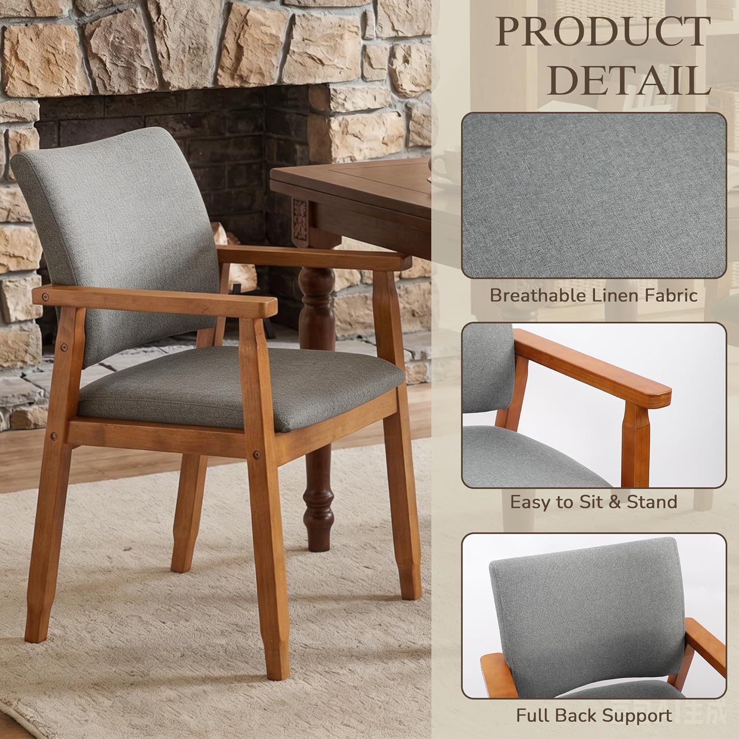 GOTMINSI Mid-Century Modern Linen Dining Chair with Arms, Solid Wood Frame, 320 lbs Weight Capacity, Upholstered Accent Chair for Kitchen Dining Room Living Room (Grey,1pc)