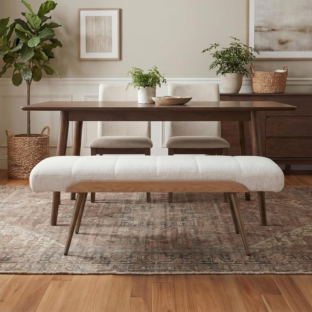 EALSON Modern Ottoman Bench, Upholstered Boucle Fabric Entryway Bench with Metal Legs, 49.5” Cozy Dining Bench for Bedroom Living Room, Beige