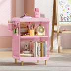 SYKIARIOL Kids Nightstand for Girls, 3-Tier Storage Shelf, Pink | Metal Bedside Table with 4 Hooks & Hanging Basket, Toddler Night Stand for Bedroom