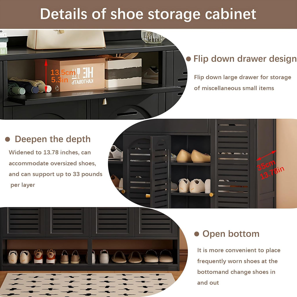 Shoe Cabinet with Louvered Doors, Freestanding Entryway Shoe Storage Cabinet with Drawer & Open Compartment, Modern Bamboo Shoe Rack Organizer with Thickened Adjustable Shelves for Closet
