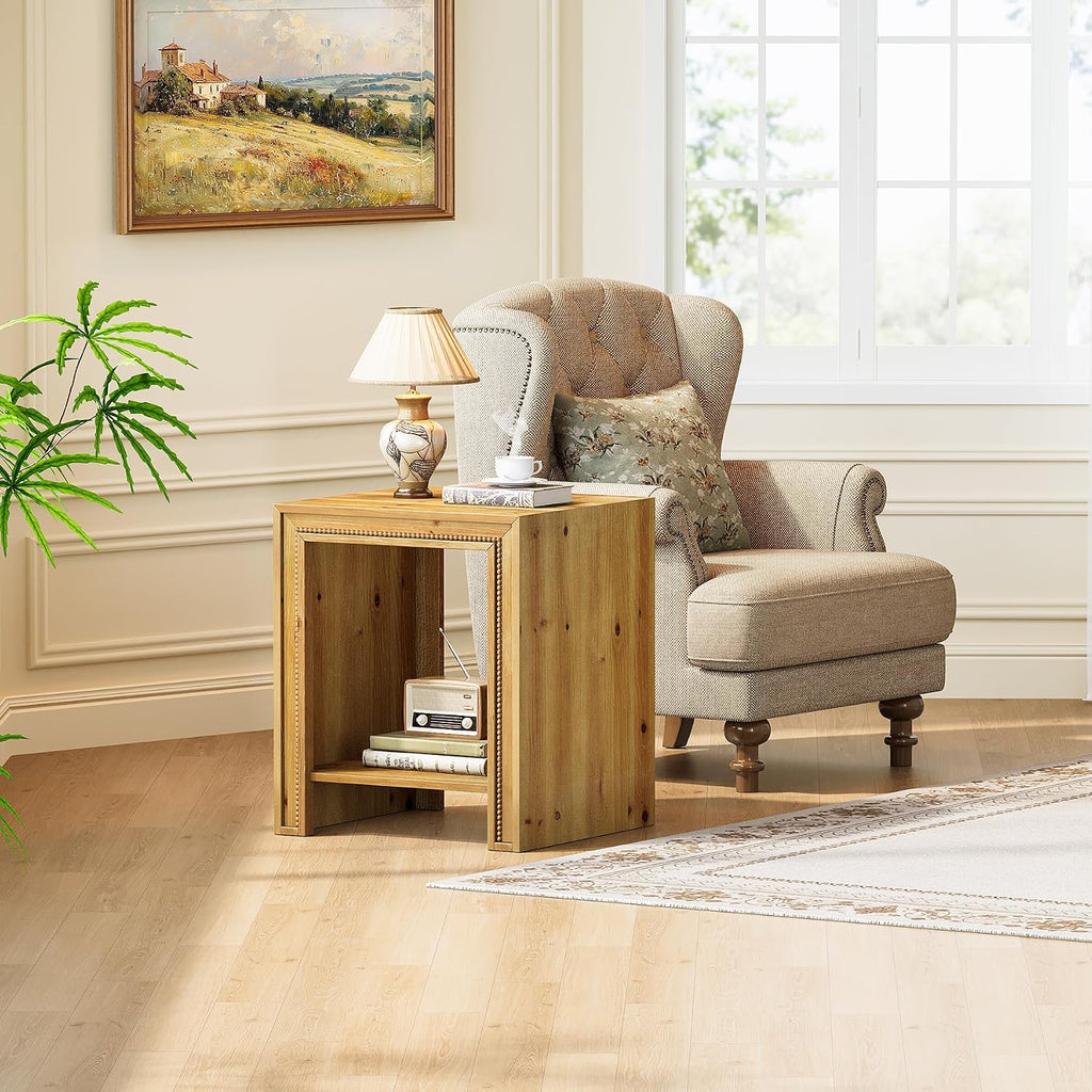 Solid Wood End Table, 2-Tier Farmhouse Side Table with Storage Shelves, Rustic Narrow Nightstand for Small Spaces, Living Room, Bedroom, Warm Brown (1)