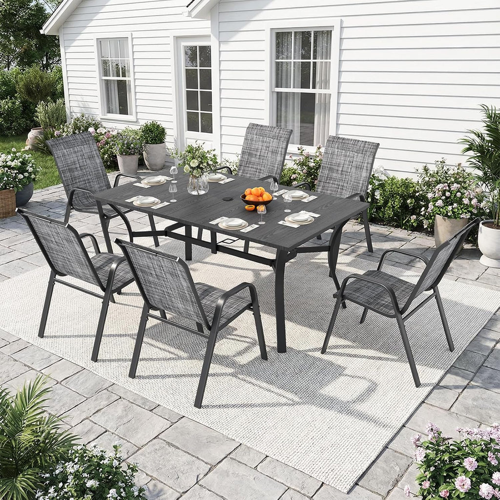 63”x37.8” Metal Outdoor Dining Table for 6,Rectangular Patio Dining Table with Adjustable Umbrella Hole,All-Weather Black Outdoor Patio Table for Porch, Garden