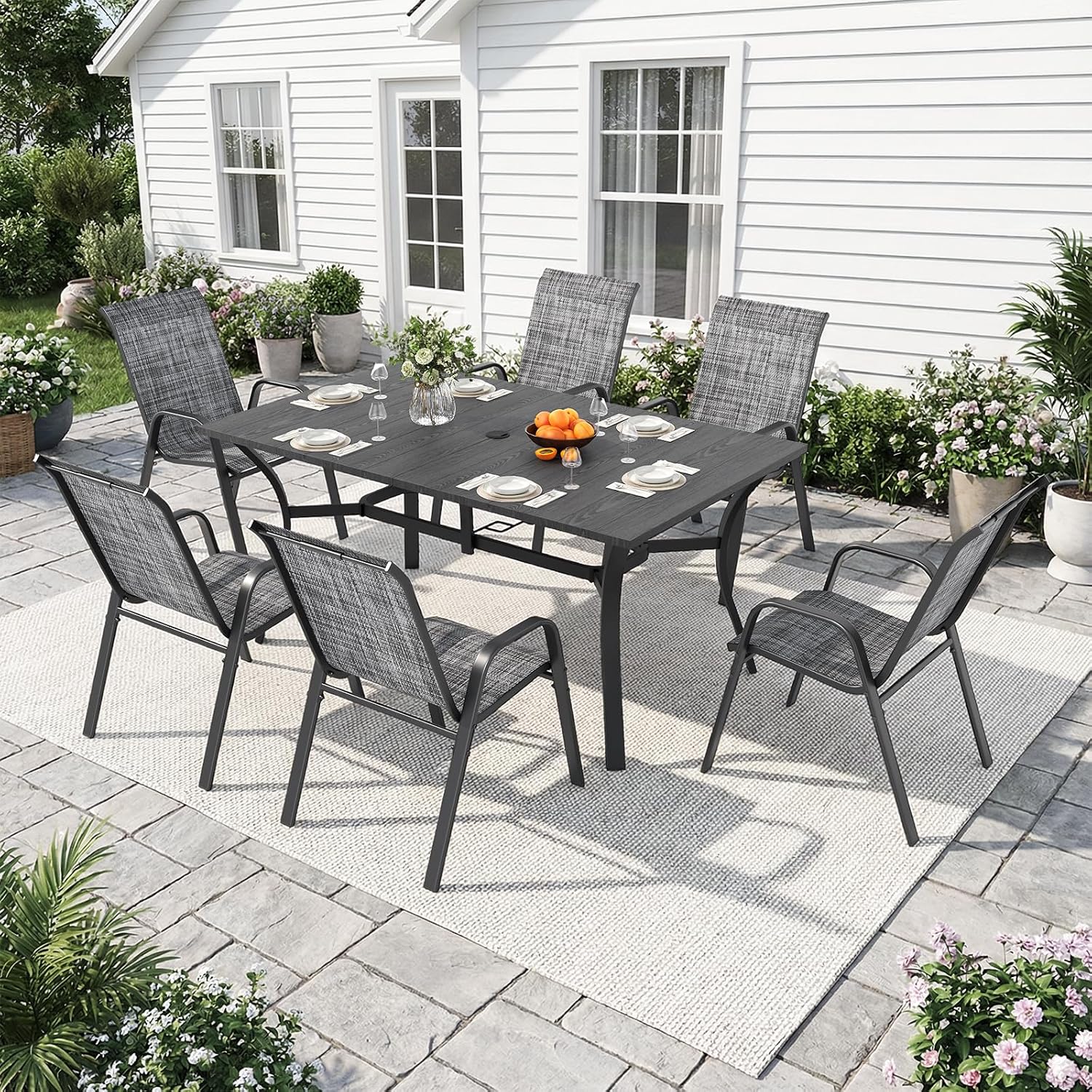 63”x37.8” Metal Outdoor Dining Table for 6,Rectangular Patio Dining Table with Adjustable Umbrella Hole,All-Weather Black Outdoor Patio Table for Porch, Garden