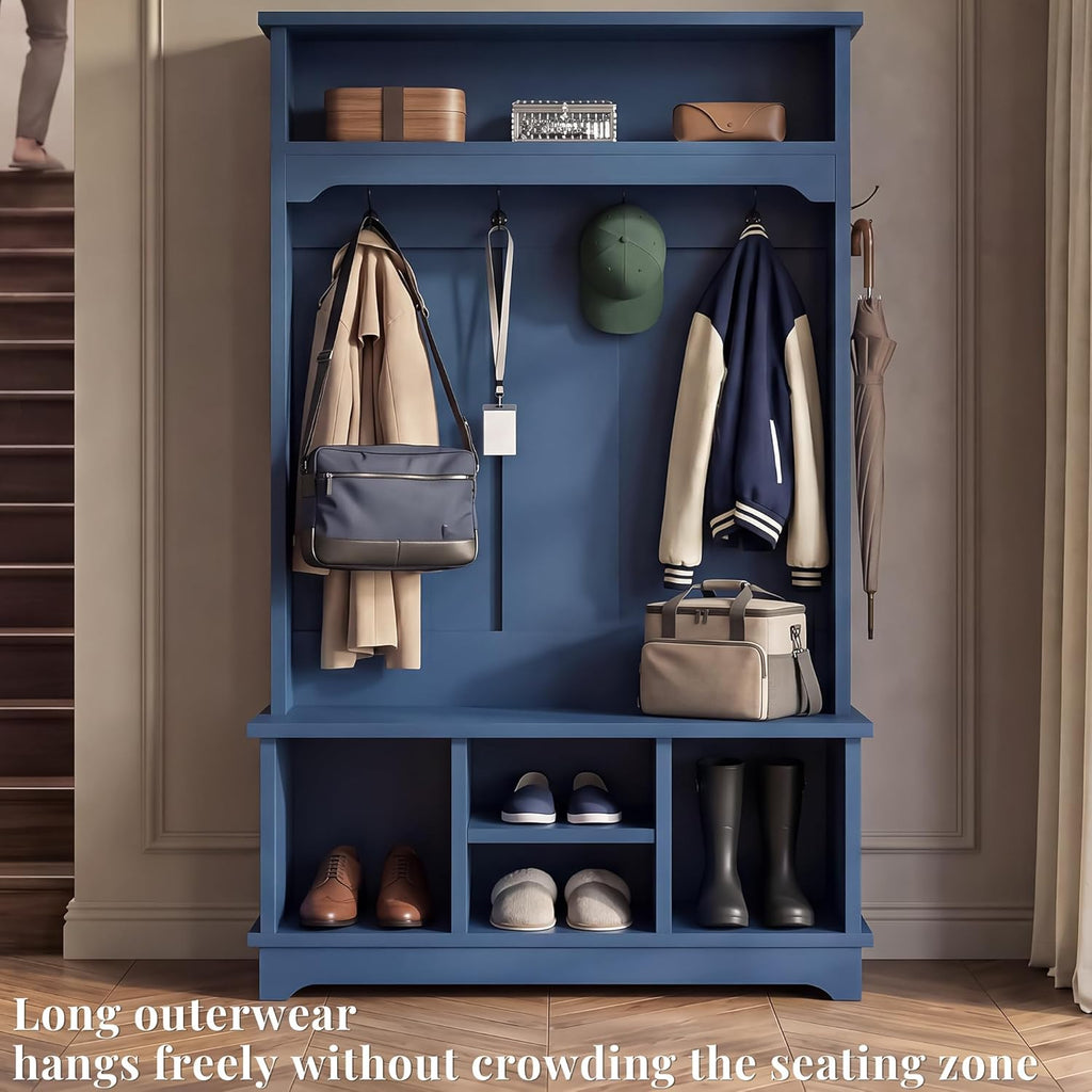 Hall Tree with Bench and Shoe Storage, Entryway Hall Tree, Large Mudroom Bench with Coat and Shoe Rack, 5+ Hooks, Multi Shoe Cubbies & Top Shelf, Sturdy Storage Bench,Blue