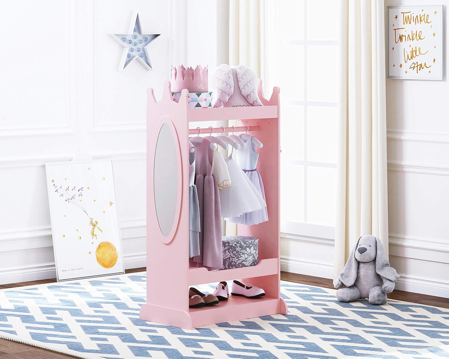 UTEX Kids Dress up Storage with Crown-Shaped Top and Mirror | Open Hanging Armoire Closet, Kids Wardrobe Closet, Water-based Paint
