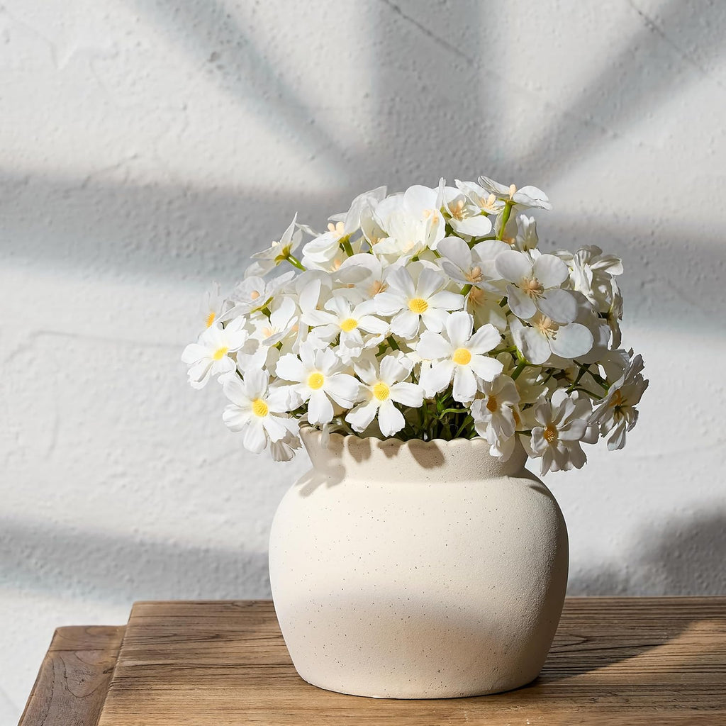 SIDUCAL Ceramic Flower Vase with Wide Mouth Lace, 4.8 Inch Pottery Rustic Farmhouse Boho Vases, Small Terracotta Vase for Home Decor, Table, Living Room, Bathroom, Shelf, Wedding, White