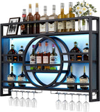 3-Tiers 47in Wine Rack Wall Mounted with Upgarded LED, Floating Bar Shelves with Wine Glass Holder Hanging Industrial Liquor Shelf, Wall-Mounted Wine Racks Cabinets for Home Bar, No Assembly Required