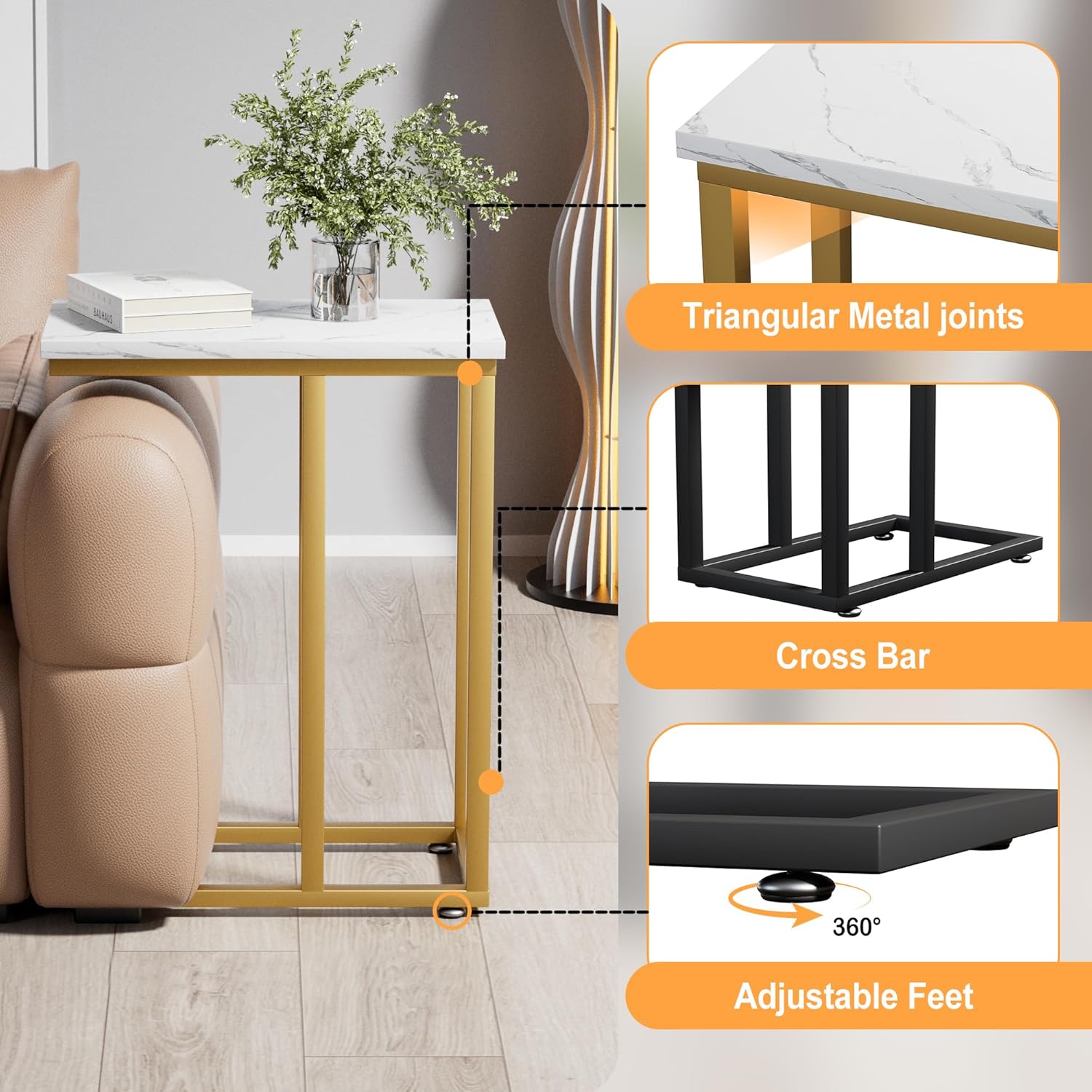 VECELO Universal C-Shaped Side Table, Multi-Functional Snack & TV Tray for Living Room, Bedroom, Gold (2 Set)