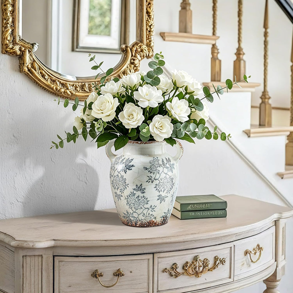 Enra 7.8" Blue and White Ceramic Vase with Double Handles – Handcrafted Chinoiserie Floral Vase, Decorative Vase for Living Room Centerpiece, Bookshelf & Office