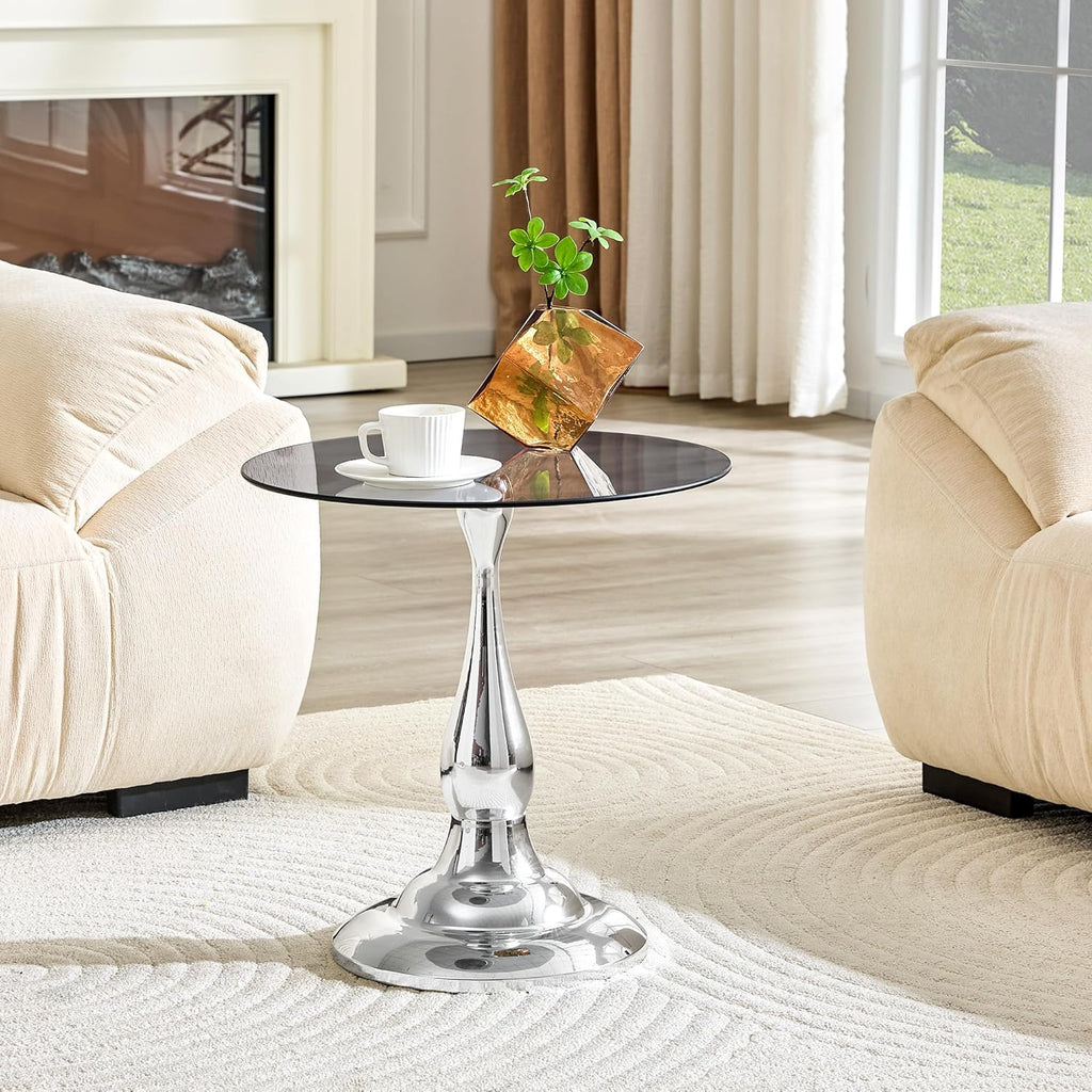 Round Glass Side Table with Silver Metal Base, 19.6'' Gray Tempered Glass Top, Modern Glass Round End Table for Living Room Office, Small Metal Side Table for Compact Space
