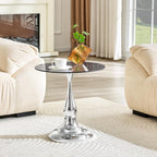 Round Glass Side Table with Silver Metal Base, 19.6'' Gray Tempered Glass Top, Modern Glass Round End Table for Living Room Office, Small Metal Side Table for Compact Space