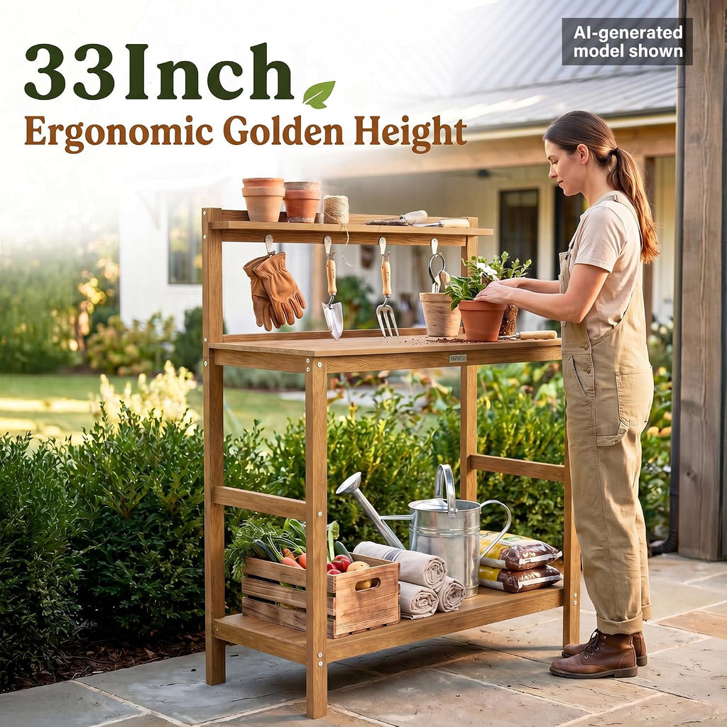 YEFU Outdoor Potting Bench with Storage: 3-Tier HIPS Potting Table with Wide-Panel Shelf/Hooks - All-Weather Heavy Duty Gardening Table for Patio Backyard Porch Easy to Clean 420lbs Capacity (Teak)