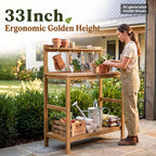 YEFU Outdoor Potting Bench with Storage: 3-Tier HIPS Potting Table with Wide-Panel Shelf/Hooks - All-Weather Heavy Duty Gardening Table for Patio Backyard Porch Easy to Clean 420lbs Capacity (Teak)