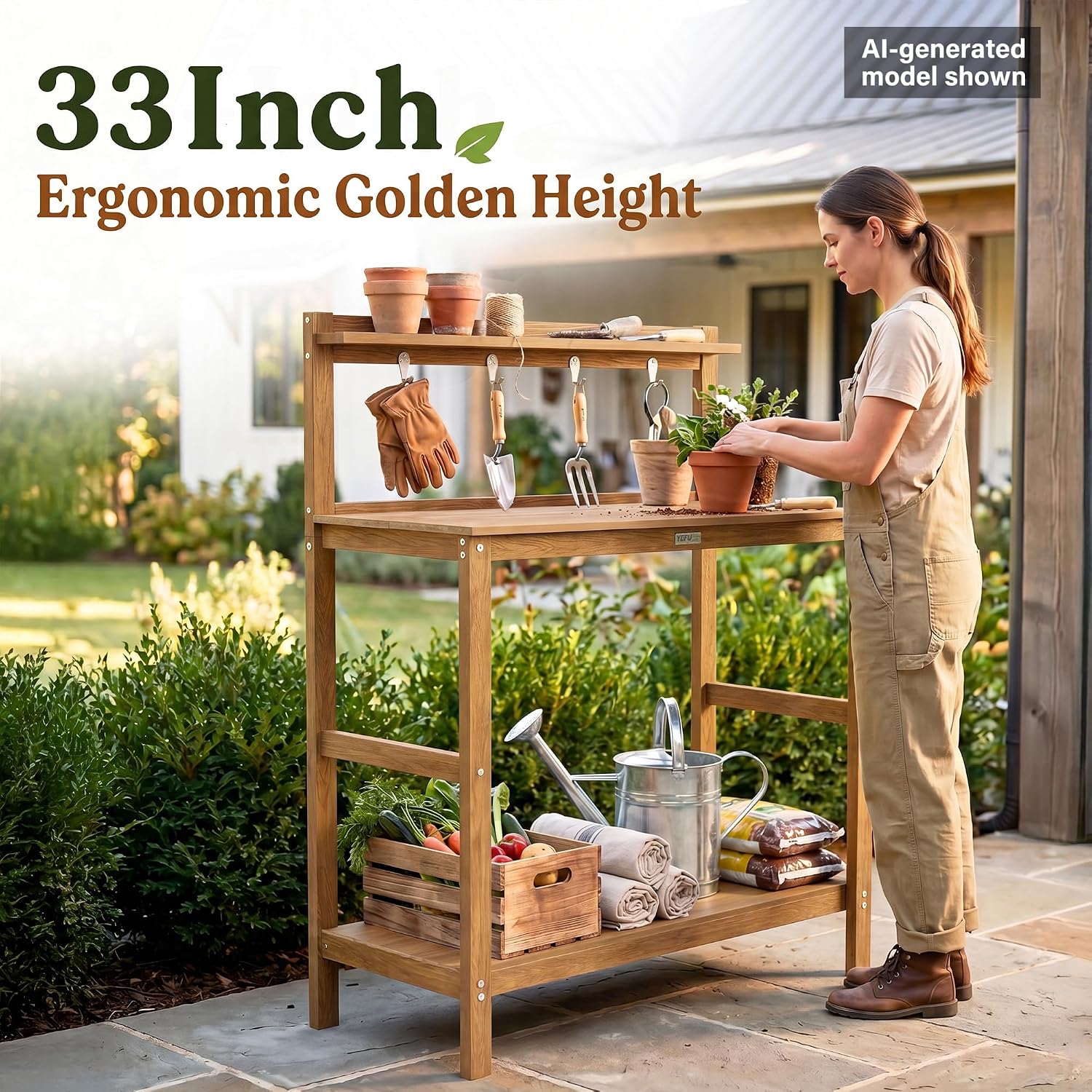YEFU Outdoor Potting Bench with Storage: 3-Tier HIPS Potting Table with Wide-Panel Shelf/Hooks - All-Weather Heavy Duty Gardening Table for Patio Backyard Porch Easy to Clean 420lbs Capacity (Teak)
