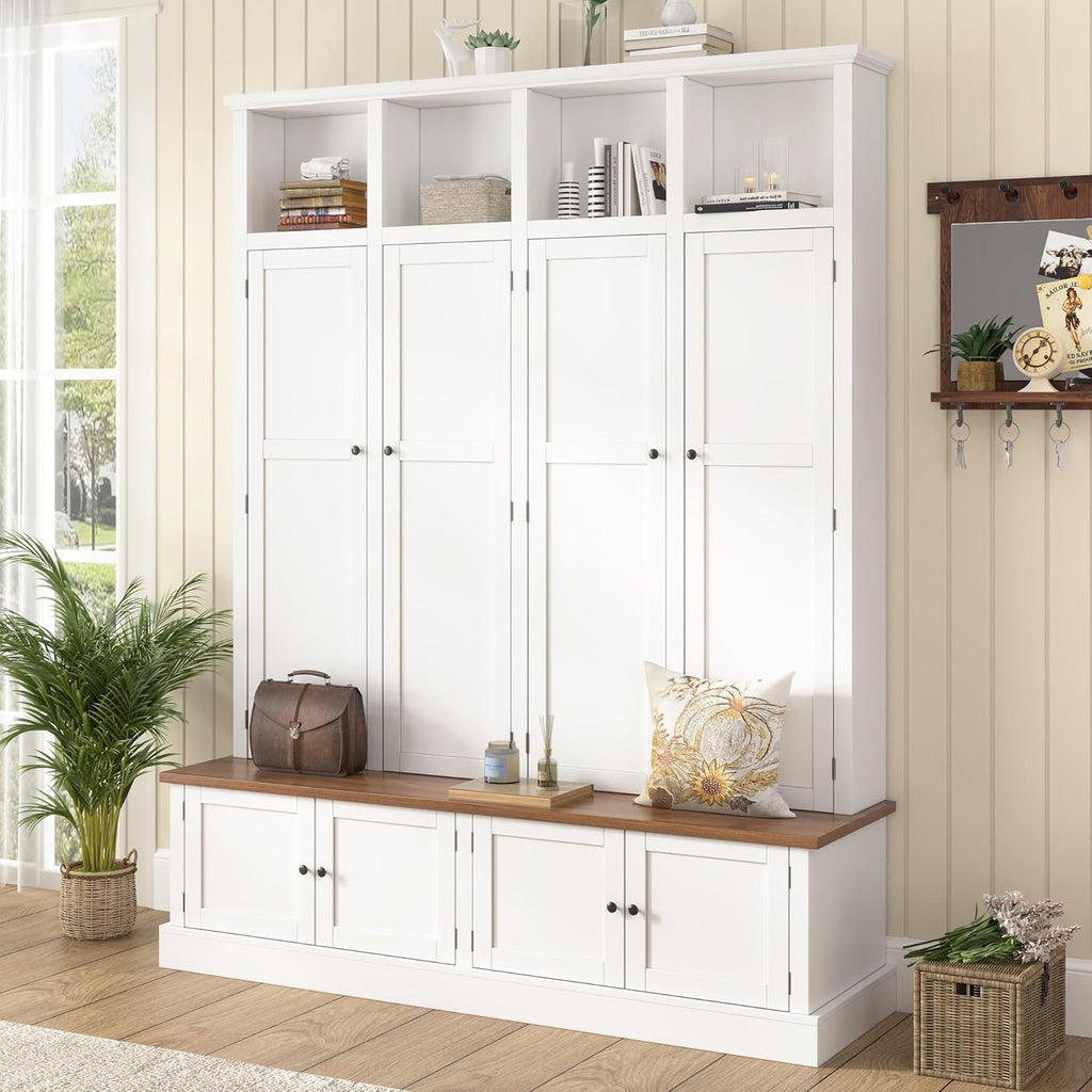 LUMISOL Farmhouse Hall Tree with Bench and Shoe Storage, Entryway Bench with Coat Rack, Hooks, 8 Cabinets & 4 Top Cubbies for Mudroom, Entrance, Hallway, White