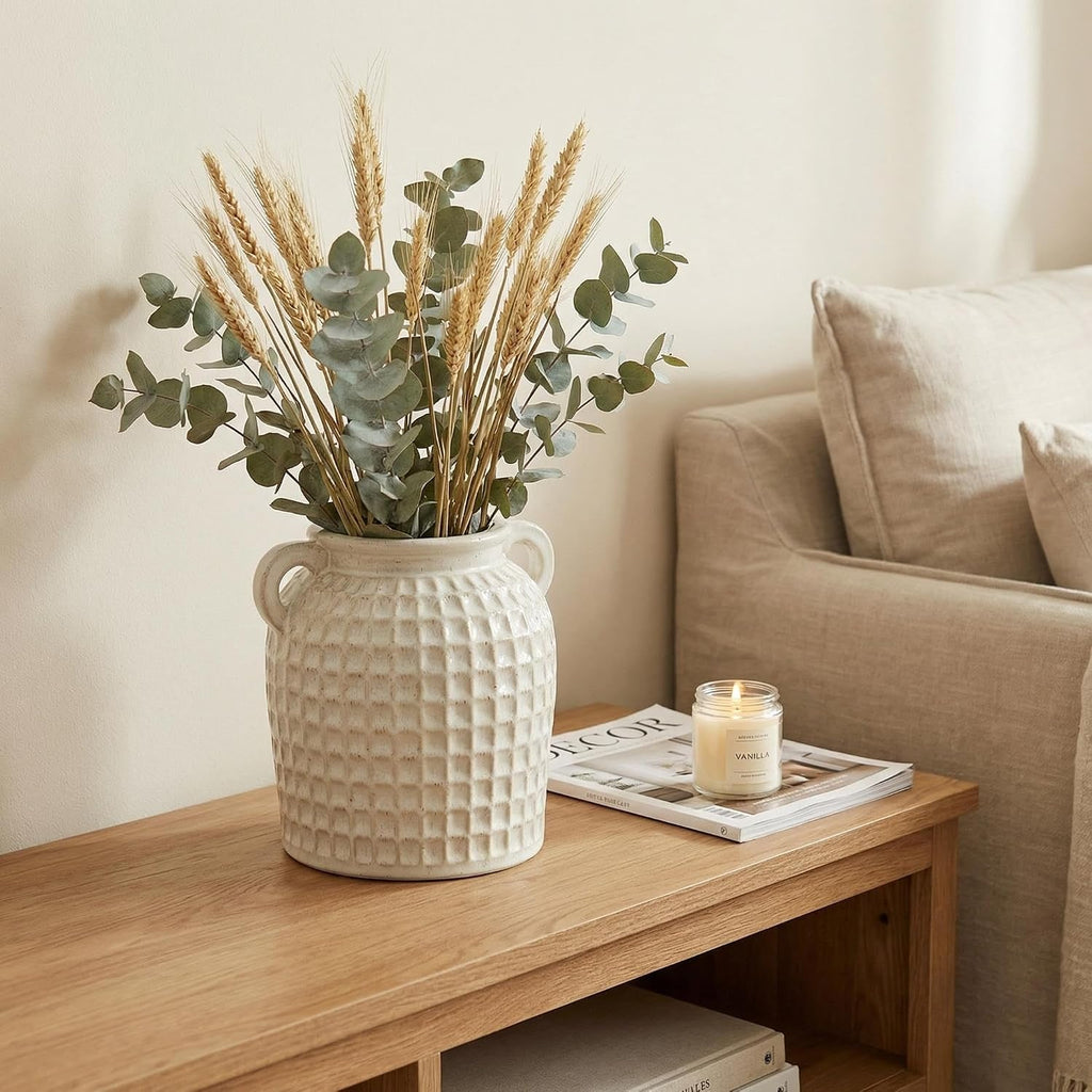 White Ceramic Vase with Handles | Farmhouse Boho Style, Textured Waffle Weave, Table Decor, For Pampas Grass