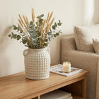 White Ceramic Vase with Handles | Farmhouse Boho Style, Textured Waffle Weave, Table Decor, For Pampas Grass