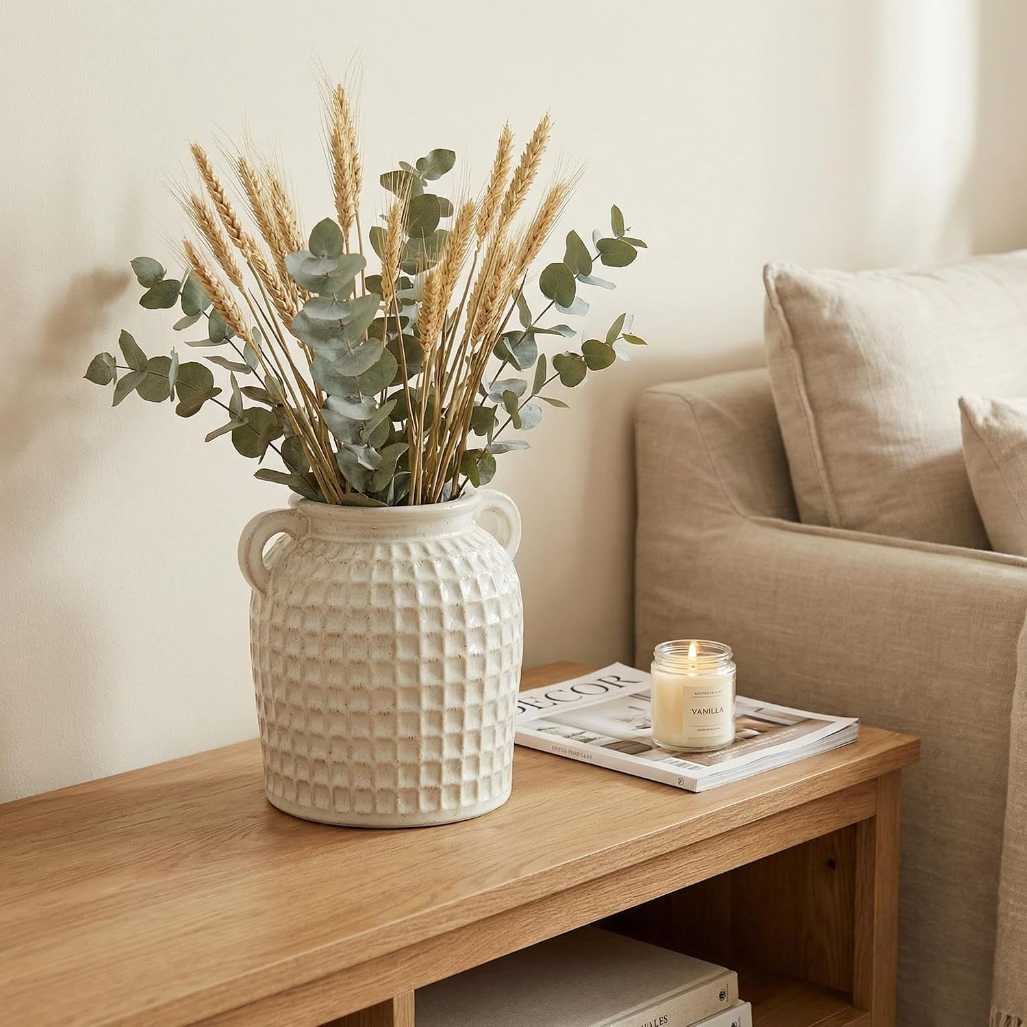 White Ceramic Vase with Handles | Farmhouse Boho Style, Textured Waffle Weave, Table Decor, For Pampas Grass