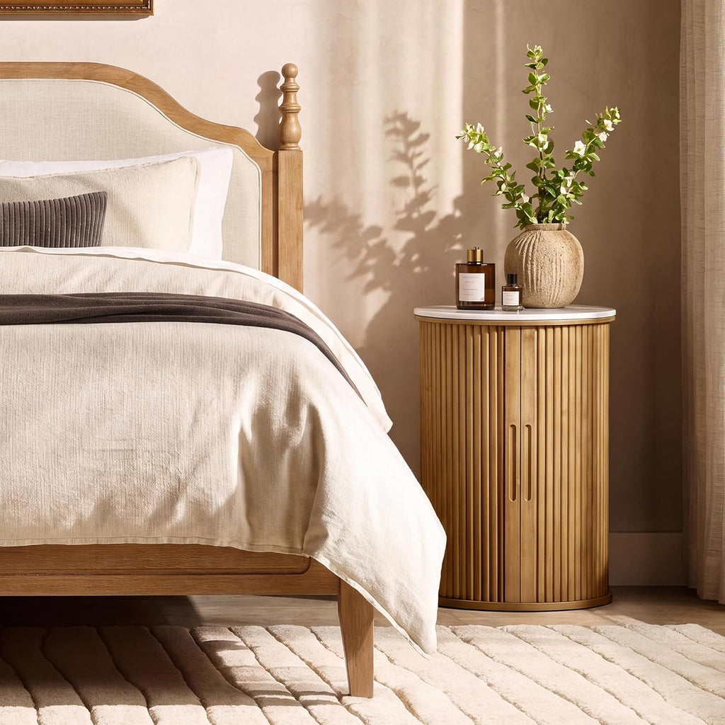 Round Fluted End Table with Storage, Natural Wood Side Table with White Sintered Stone Top, Sliding Tambour Door Nightstand, 17.4 Inch Small Accent Stand for Living Room Bedroom