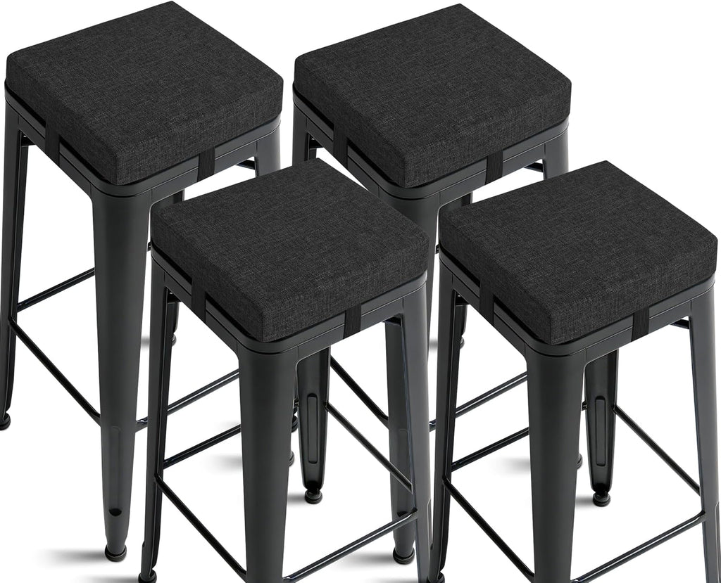 2.5" Thick Bar Stool Cushions with Ties Non-Slip 12"X12" Square Bar Stool Cushion with Machine Washable Cover Set of 4 Indoor Small Chair Pads for Cafe Bistro Stackable Metal Chair Black