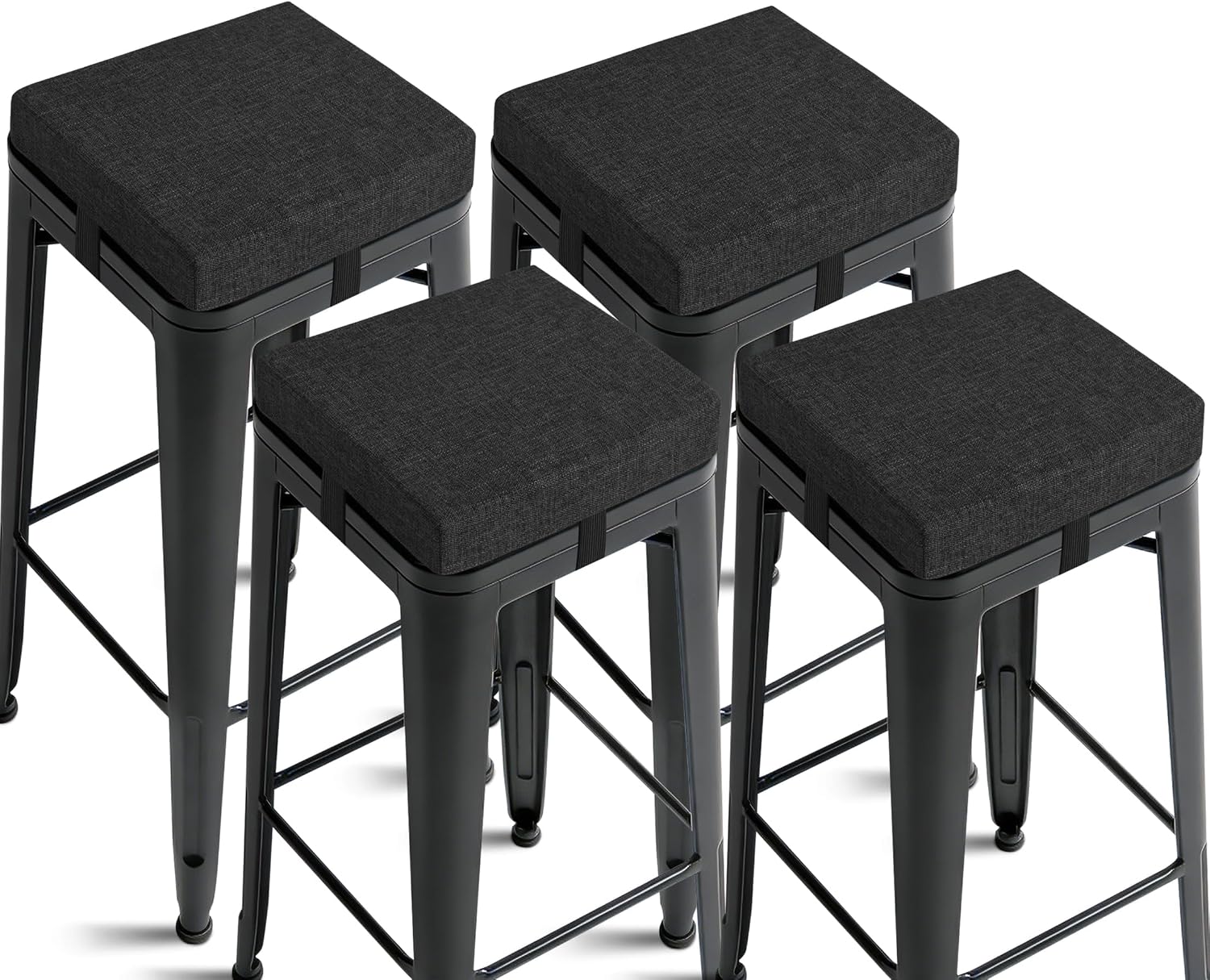 2.5" Thick Bar Stool Cushions with Ties Non-Slip 12"X12" Square Bar Stool Cushion with Machine Washable Cover Set of 4 Indoor Small Chair Pads for Cafe Bistro Stackable Metal Chair Black