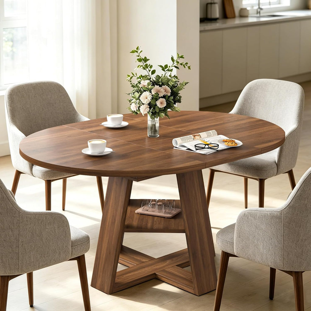 43.3in-59in Extendable Round Dining Table for 4-8,Modern Kitchen Oval Dining Table with Removable Leaves Space Saving,Wood Base with Storage Shelf for Kitchen Living Room (Walnut)