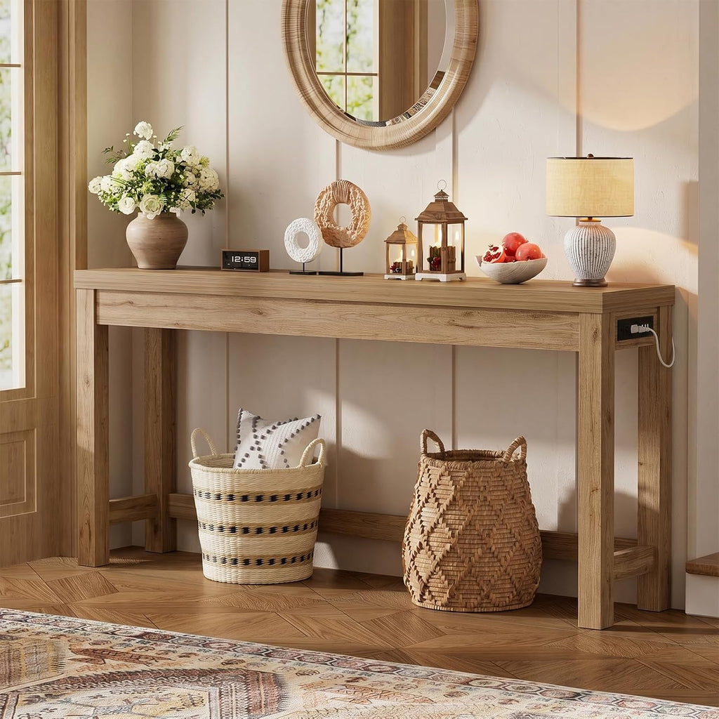 Cyclysio 63" Console Tables for Entryway, Long Console Tables for Living Room, Behind Couch Table, Sturdy Wood Support Farmhouse Entryway Table with 3AC+2USB Charging‌ Station, Natural Oak