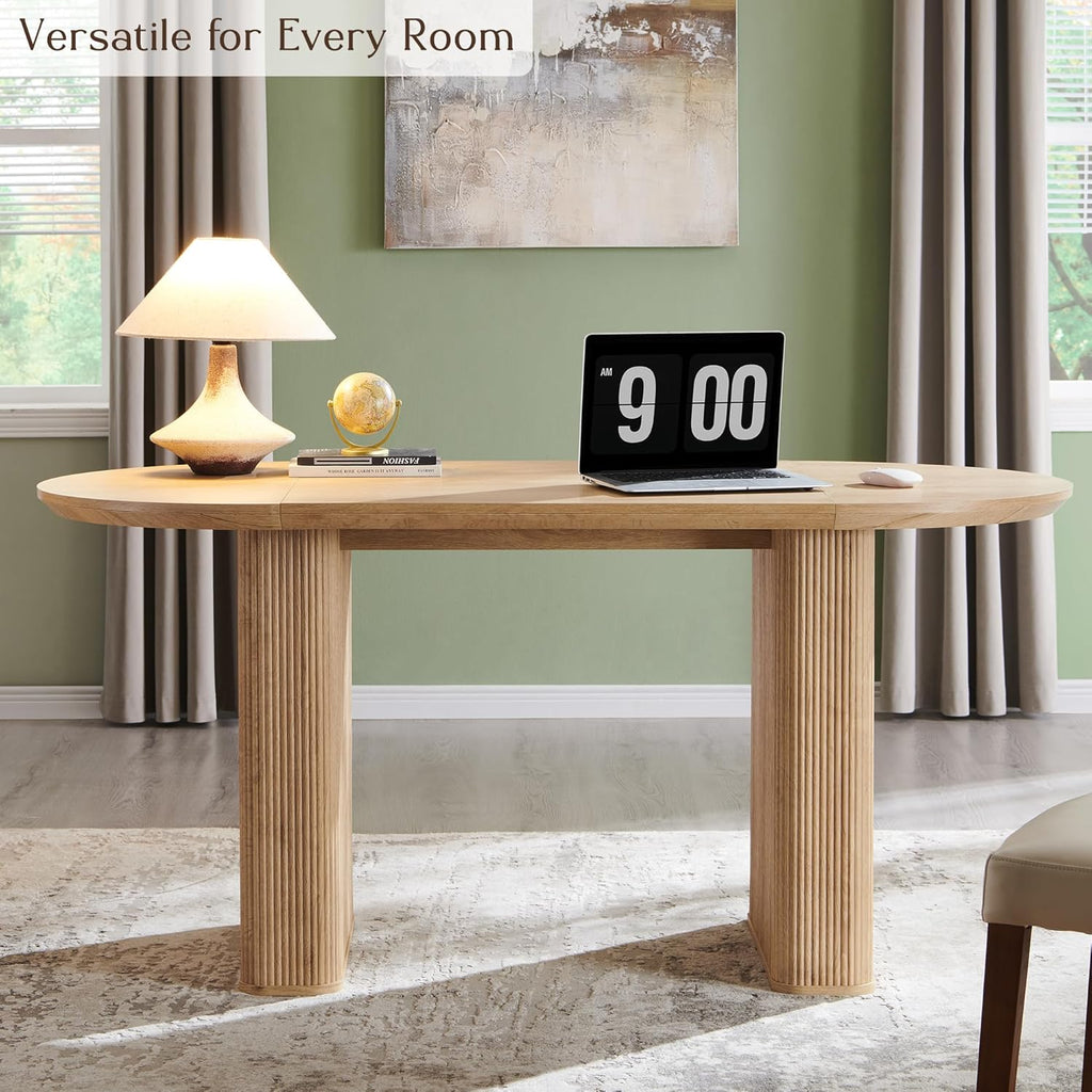 T4TREAM 63" Fluted Oval Dining Table for 4-6, Mid-Century Modern Kitchen Table with Thickened Edge & Strip Pedestal Base, Wood Luxury Table for Dining Room/Kitchen/Home Office,Natural Oak(Table Only)