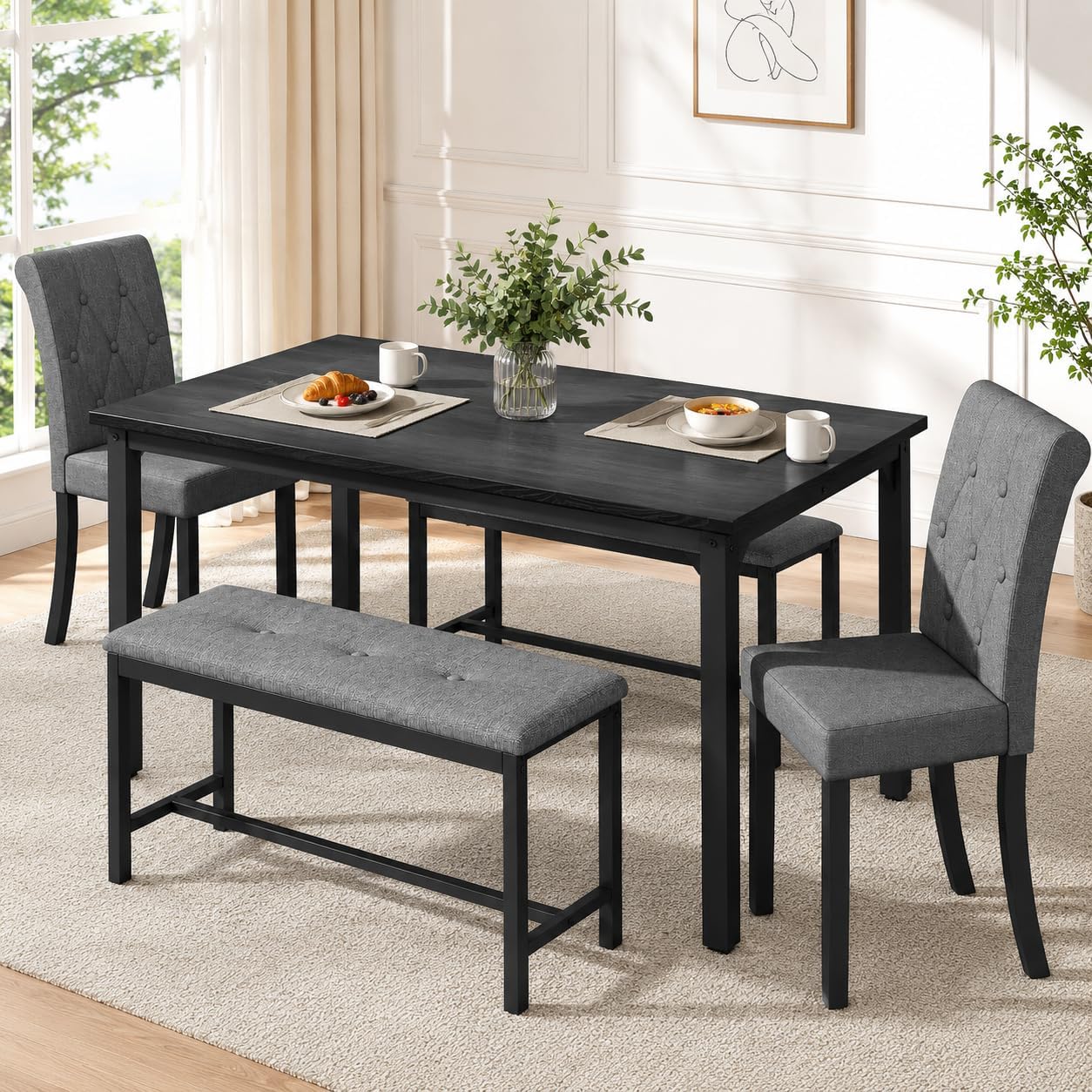 Rovibek Dining Table Set for 6, Rectangle Kitchen Table Set with 2 Upholstered Chairs & 2 Benches, 5-Piece Space Saving Dinner Table & Chairs Set for Dining Room, Kitchen, Restaurant, Grey & Black