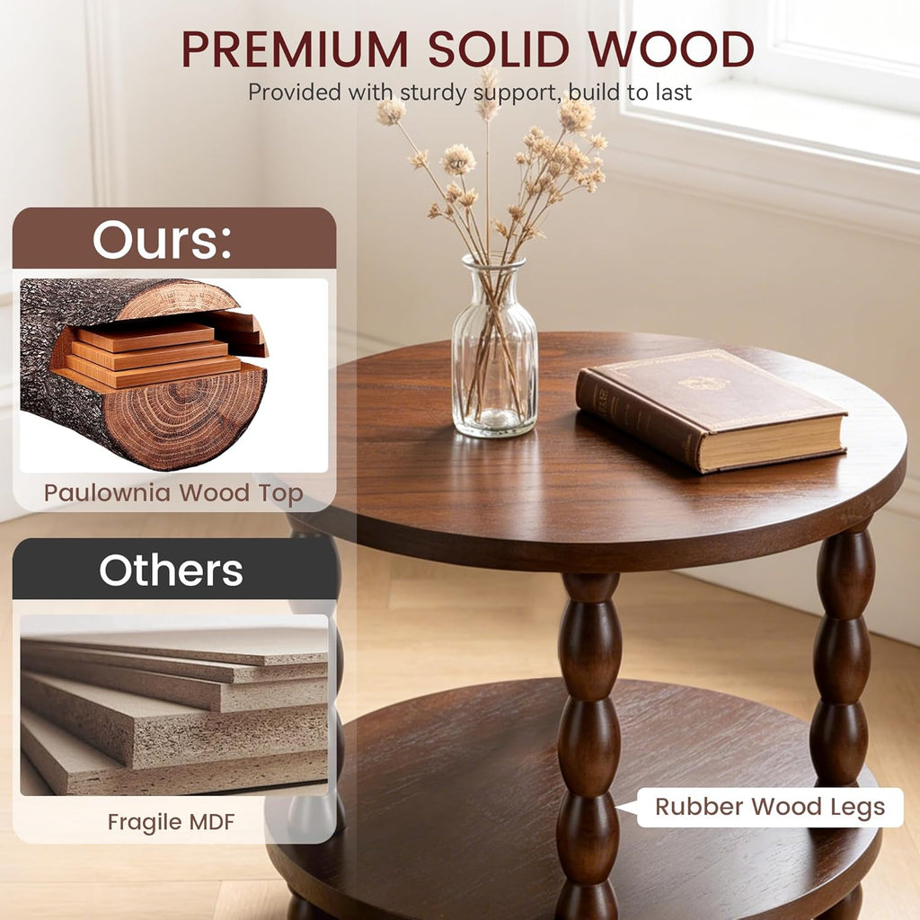 Small Round Side Table, 3-Tier Solid Wood End Table with Storage Shelf, Modern Bedside Tables Night Stand for Living Room, Bedroom, College Dorm, Small Space (Rustic Brown)