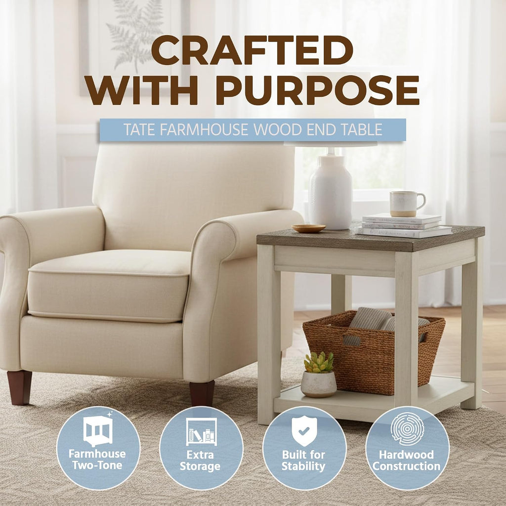 ROME + OAK Tate Farmhouse End Table, Wooden Home Accent Furniture with Shelf, Weathered Brown and Cream - for Living Rooms, Bedrooms, or Entryways