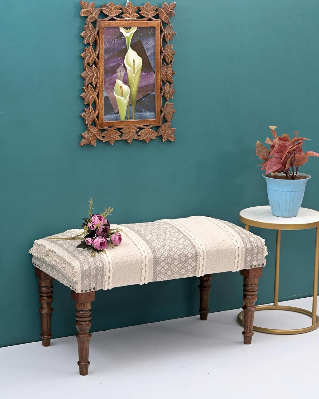 Entryway Mango Wooden Bench Table for Home Dining Room Bedroom| 2 Seater Bench | Modern Design Handmade Cotton Fabric upholstered 31.4" D x 15.7" W x 17.7" H(White)