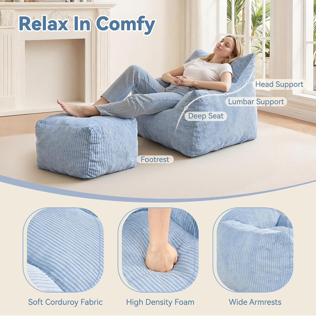 INMOZATA Bean Bag Chair with Ottoman, Cloud Boneless Couch - Oversized Memory Foam Beanbag Set for Adults & Teens, 3FT Plush Corduroy Comfy Lounge Sofa for Bedroom, Dorm & Reading Nook (Light Blue)