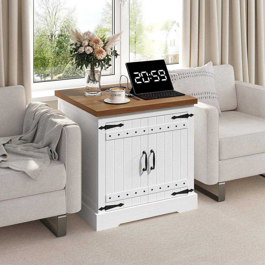 MAHANCRIS Farmhouse End Table with Charging Station, 23.6" Large Sofa Side Table, Wooded Square Nightstand with Barn Door, Adjustable Shelf, Bedside Table for Living Room, Bedroom, White and Walnut