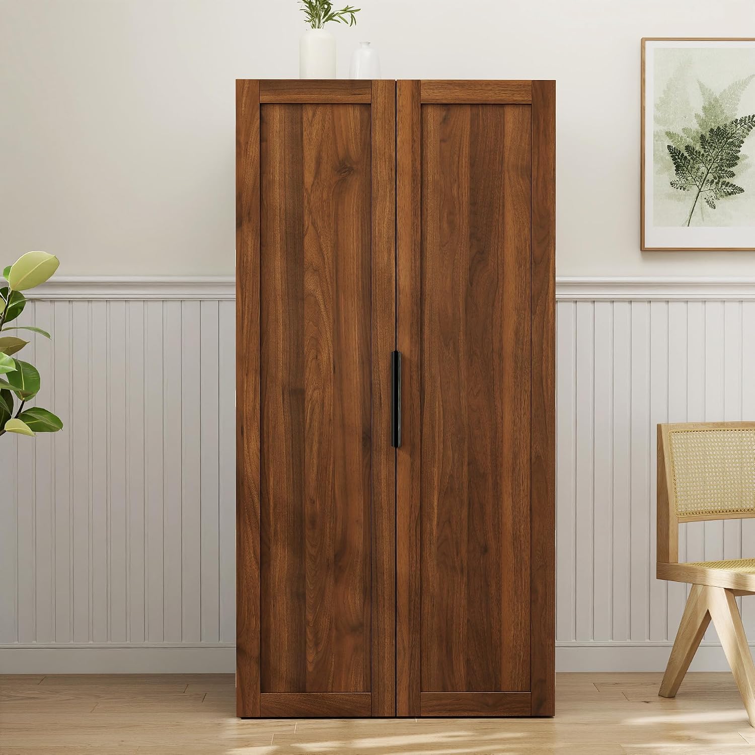 Farmhouse Kitchen Pantry Cabinet, 63" Tall Storage Cabinet with 2 Doors & Multi-Tier Shelves, Rustic Wood Cupboard for Kitchen, Dining Room, Walnut
