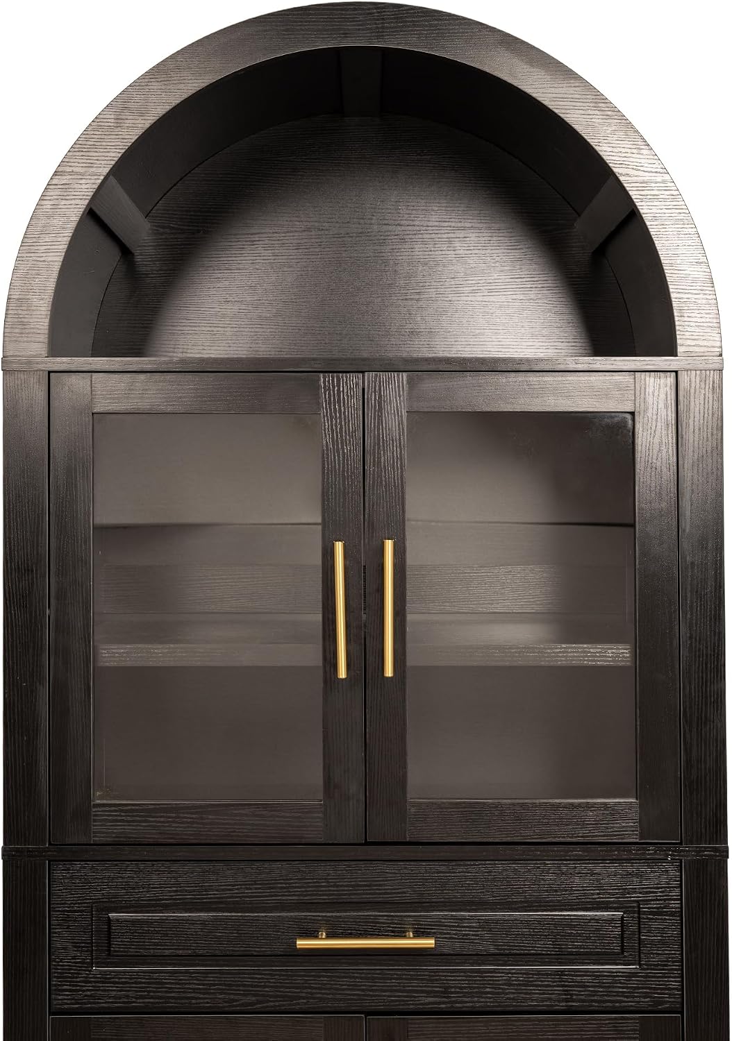 Farmhouse Tall Arched Kitchen Pantry Cabinet with Glass Barn Door – Adjustable Shelves & Built-in Racks for Dining Room & Living Room Storage (Black)
